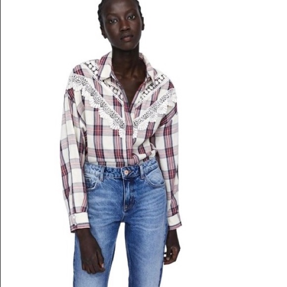 Zara Plaid Shirt Lace Trim Button Down Long Sleeve - Picture 2 of 9